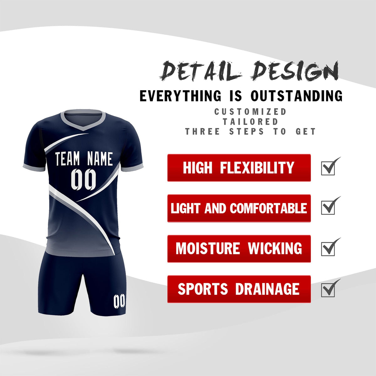Custom Navy Gray Color Block Training Uniform For Men Soccer Sets Jersey