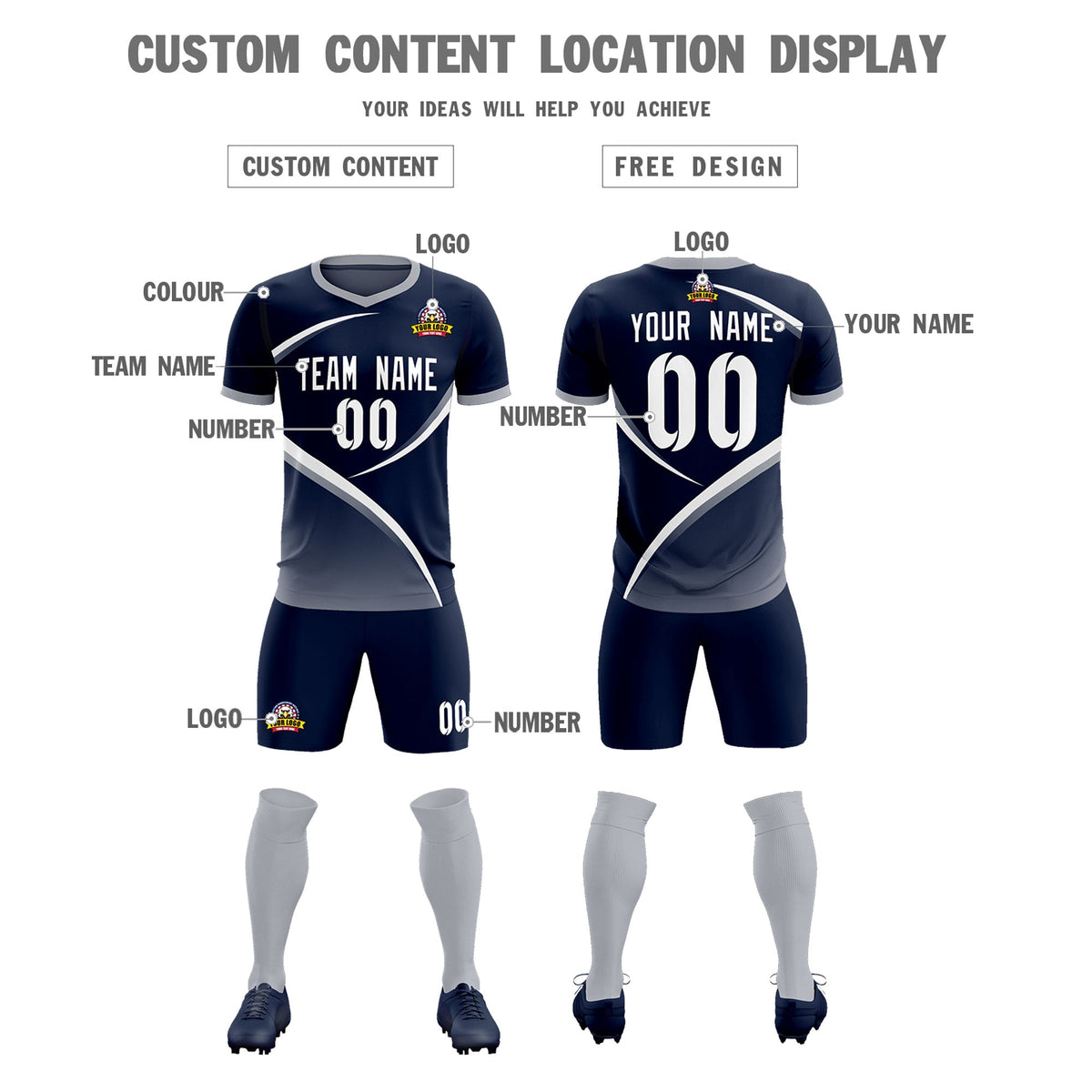 Custom Navy Gray Color Block Training Uniform For Men Soccer Sets Jersey
