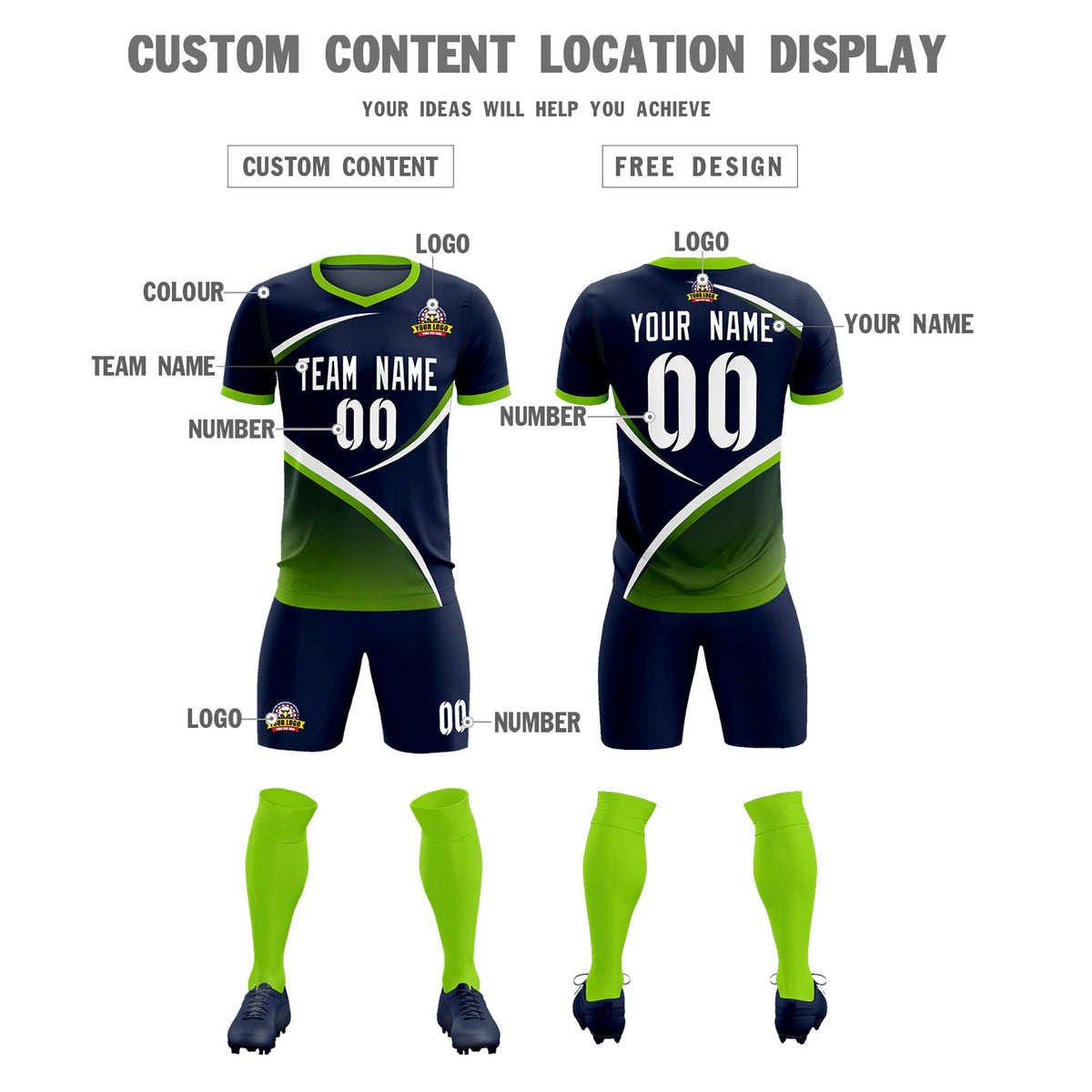 Custom Navy Neon Green Color Block Training Uniform For Men Soccer Sets Jersey