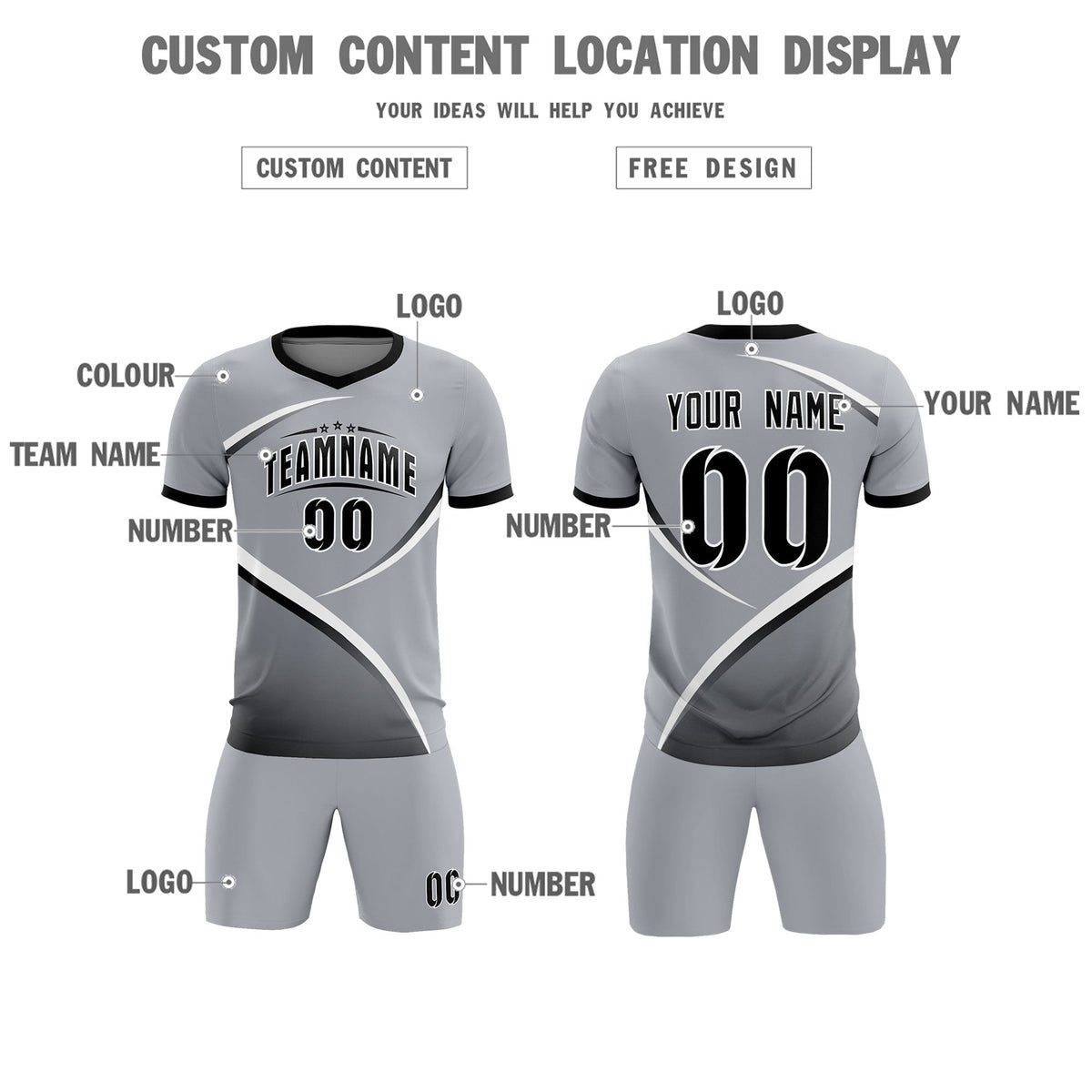 Custom Gray Black Color Block Training Uniform For Men Soccer Sets Jersey