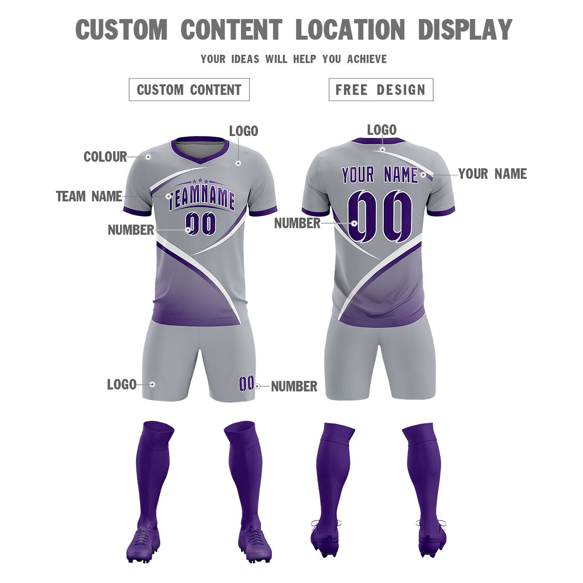 Custom Gray Purple Color Block Training Uniform For Men Soccer Sets Jersey