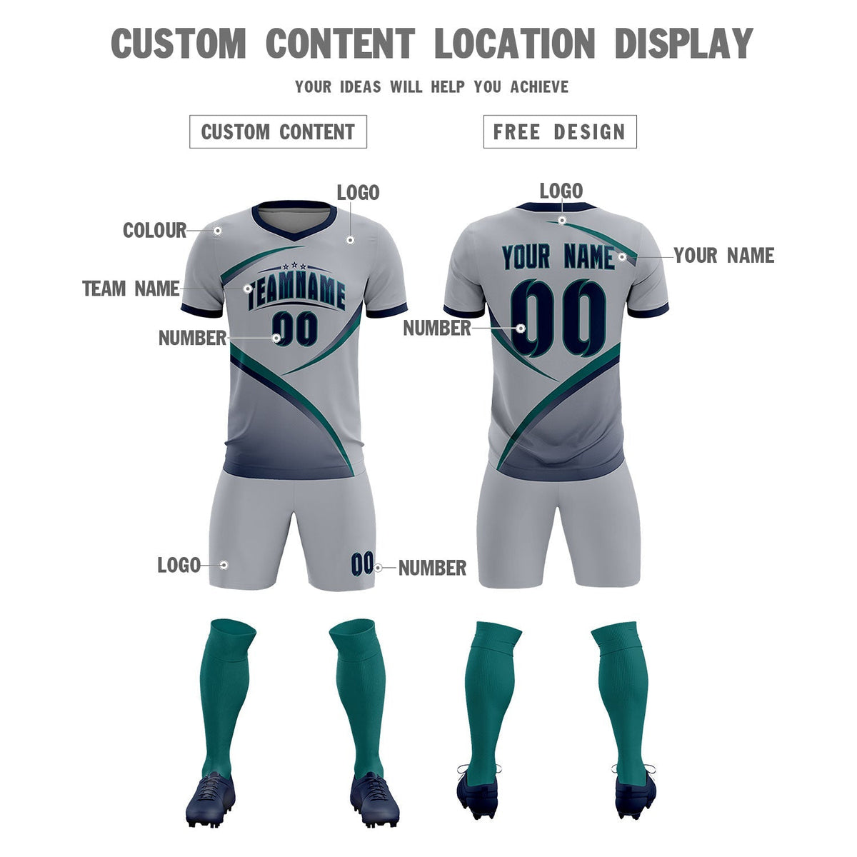 Custom Gray Navy Color Block Training Uniform For Men Soccer Sets Jersey