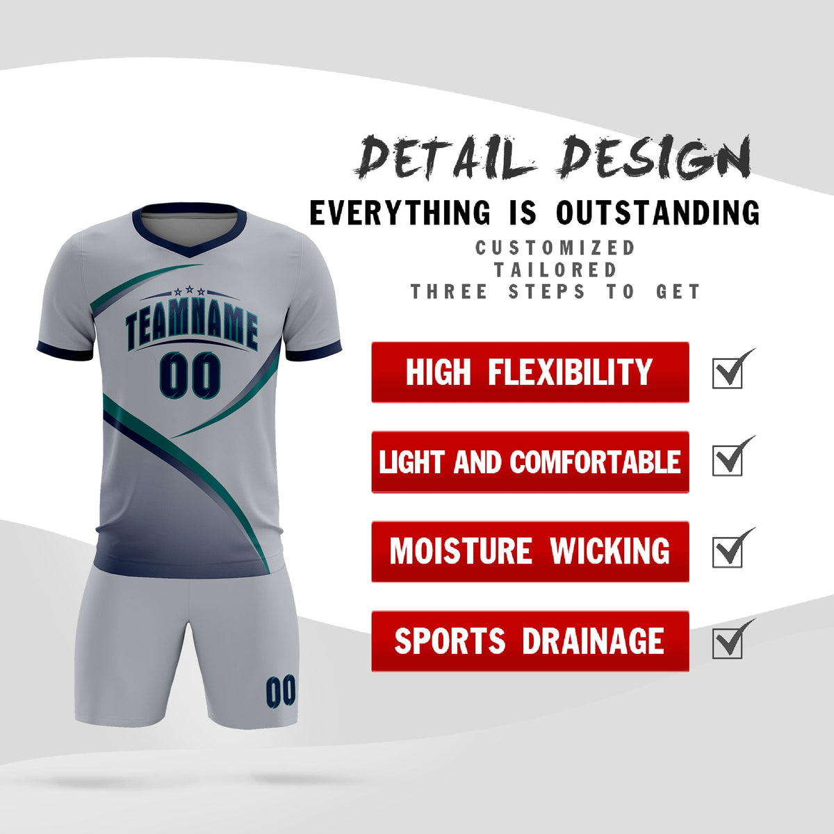 Custom Gray Navy Color Block Training Uniform For Men Soccer Sets Jersey