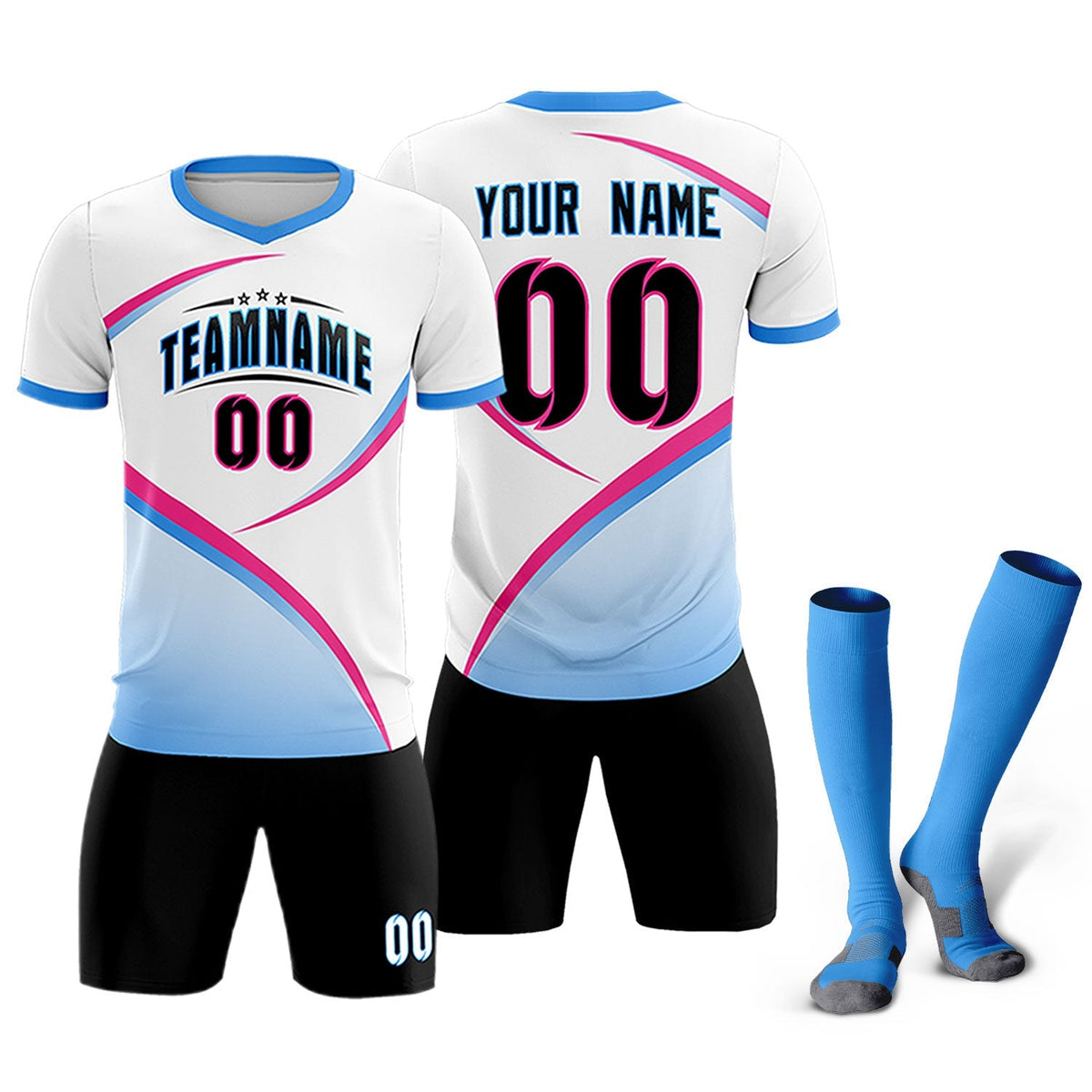 Custom White Powder Blue Color Block Training Uniform For Men Soccer Sets Jersey