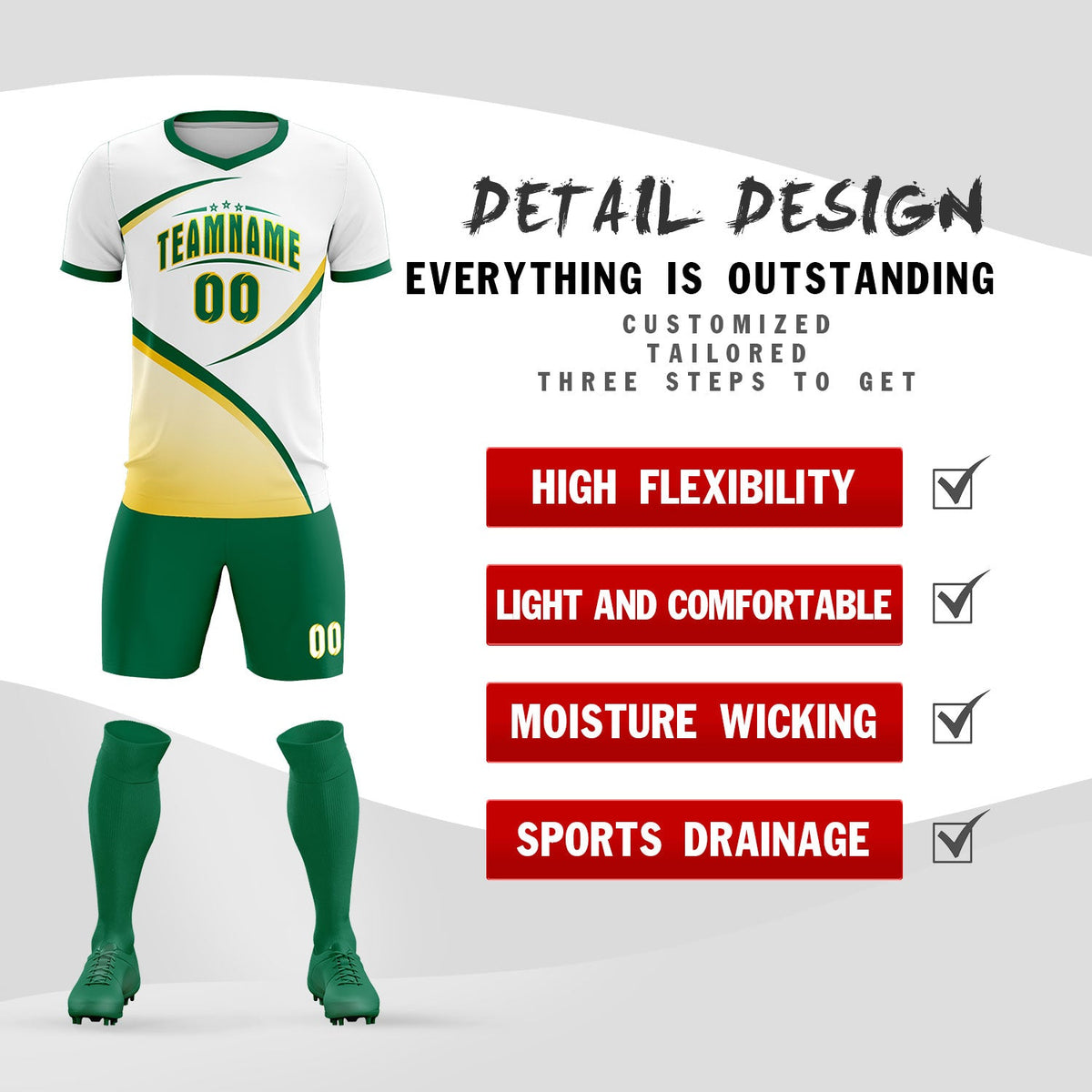 Custom White Kelly Green Color Block Training Uniform For Men Soccer Sets Jersey