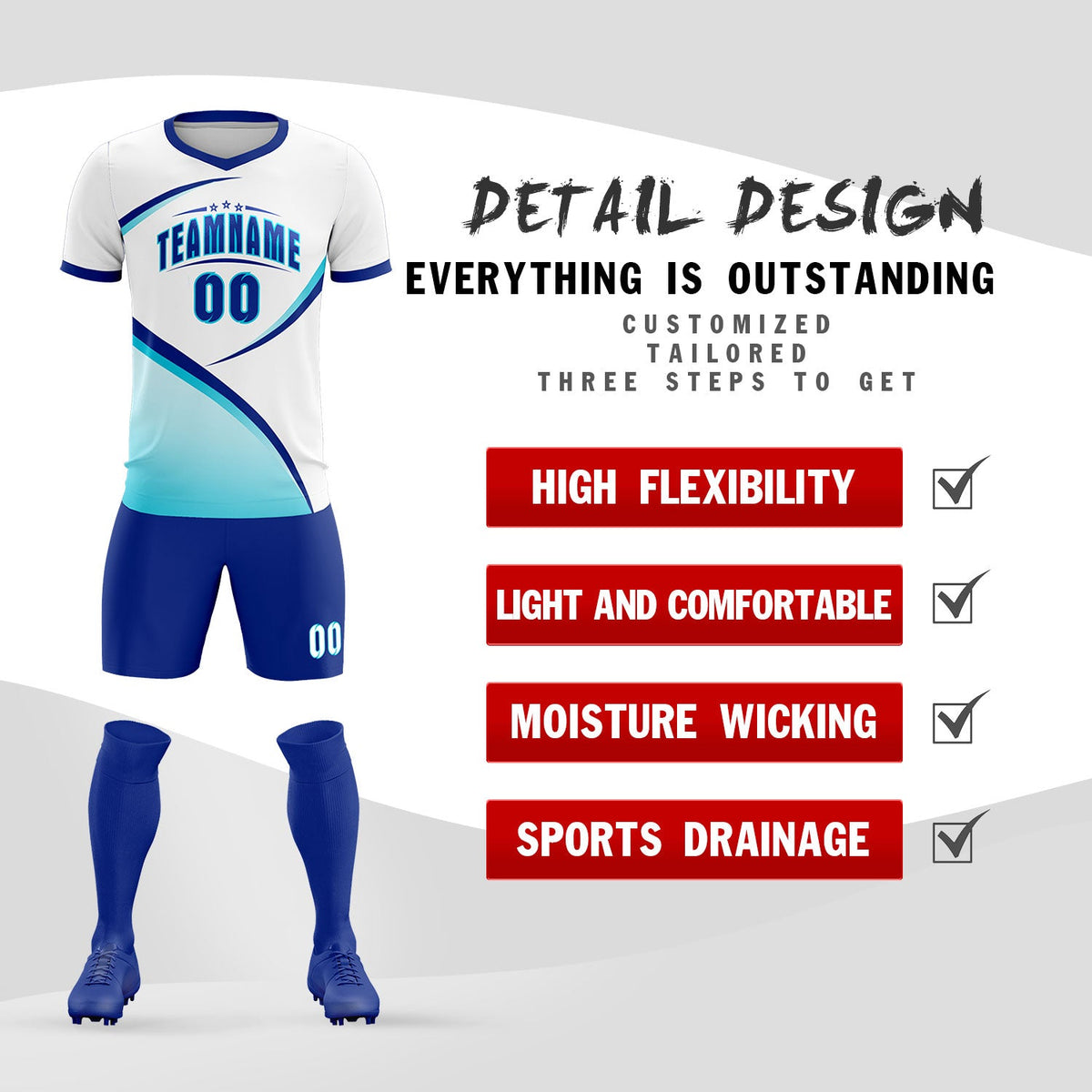 Custom White Sky Blue Color Block Training Uniform For Men Soccer Sets Jersey