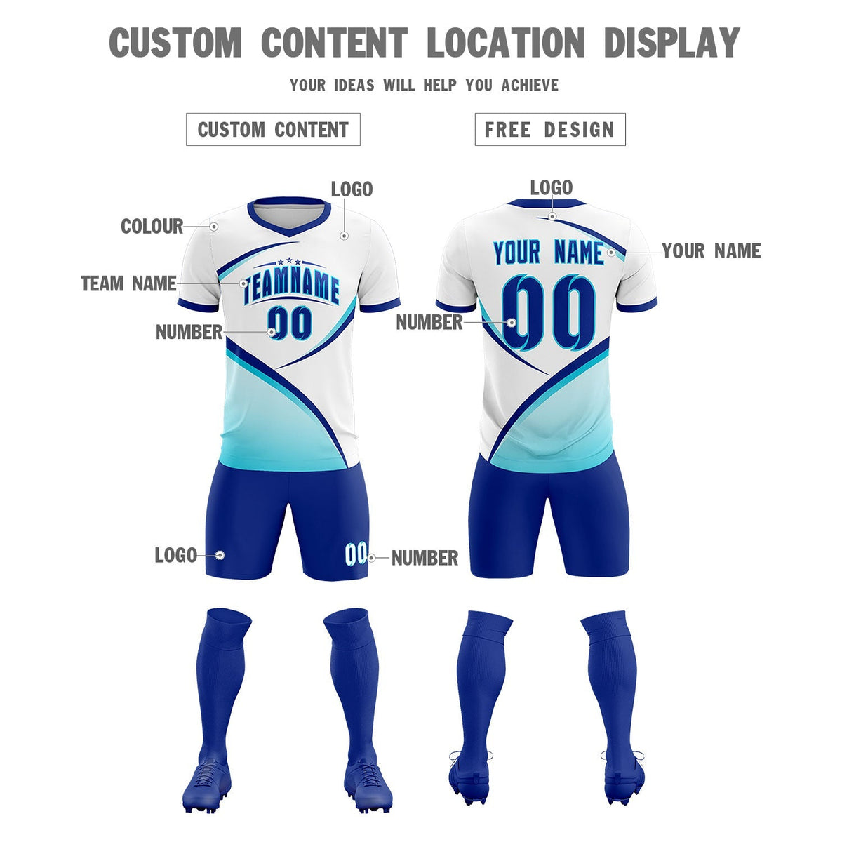 Custom White Sky Blue Color Block Training Uniform For Men Soccer Sets Jersey