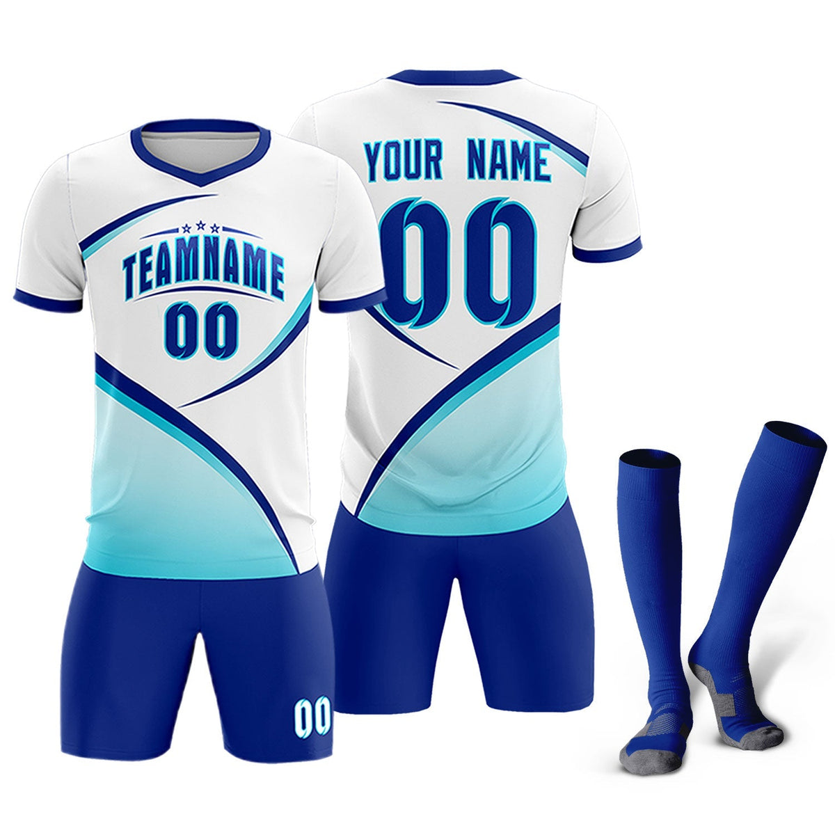 Custom White Sky Blue Color Block Training Uniform For Men Soccer Sets Jersey