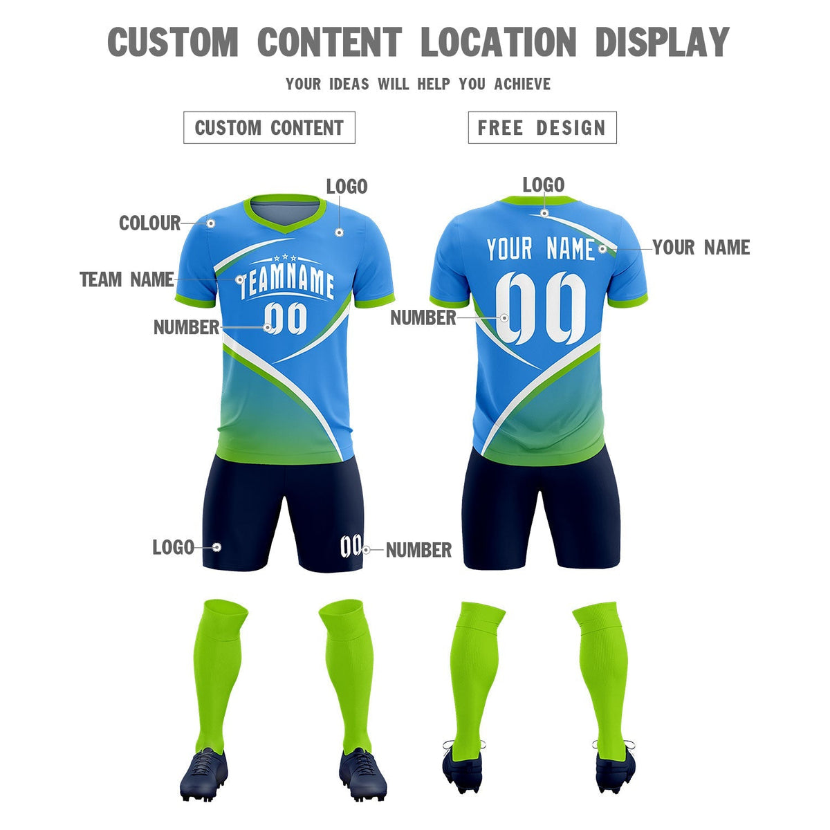 Custom Powder Blue Neon Green Color Block Training Uniform For Men Soccer Sets Jersey