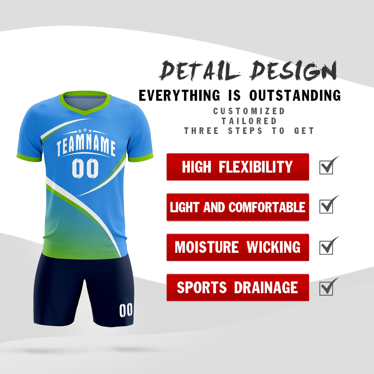 Custom Powder Blue Neon Green Color Block Training Uniform For Men Soccer Sets Jersey
