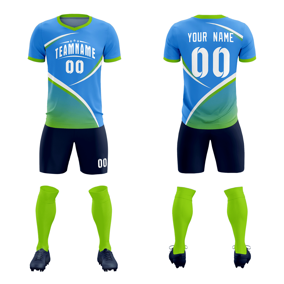 Custom Powder Blue Neon Green Color Block Training Uniform For Men Soccer Sets Jersey