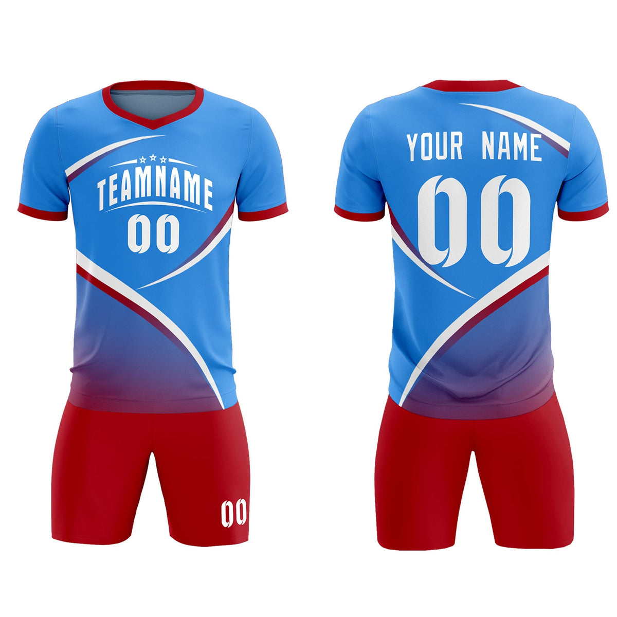 Custom Powder Blue Red Color Block Training Uniform For Men Soccer Sets Jersey