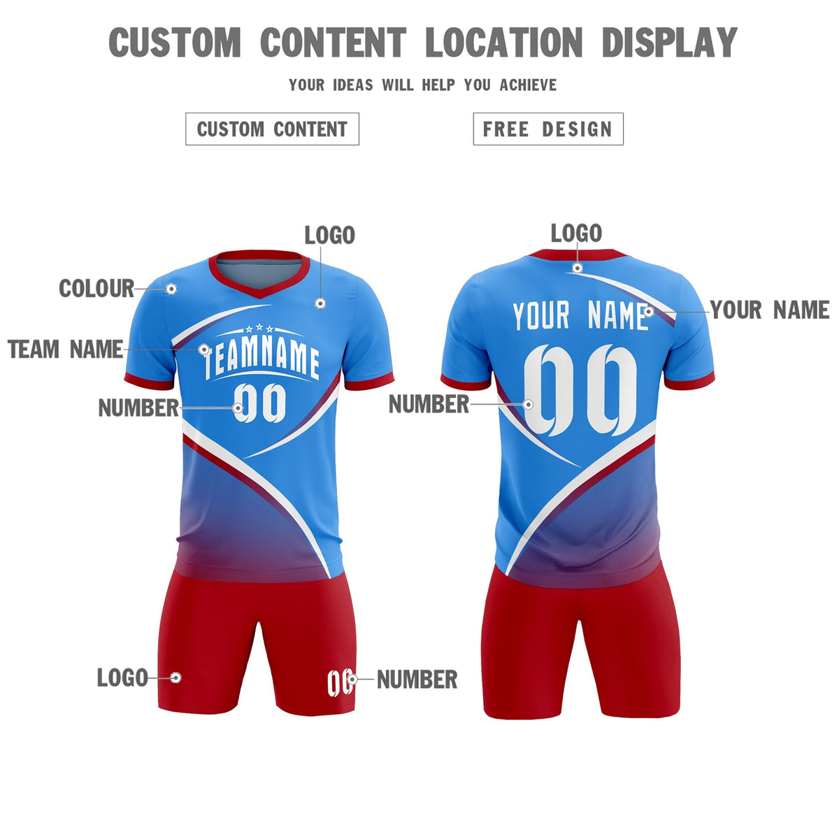Custom Powder Blue Red Color Block Training Uniform For Men Soccer Sets Jersey