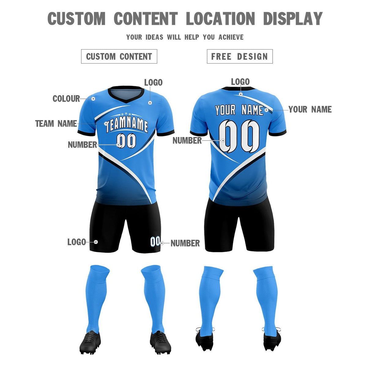 Custom Powder Blue Navy Color Block Training Uniform For Men Soccer Sets Jersey