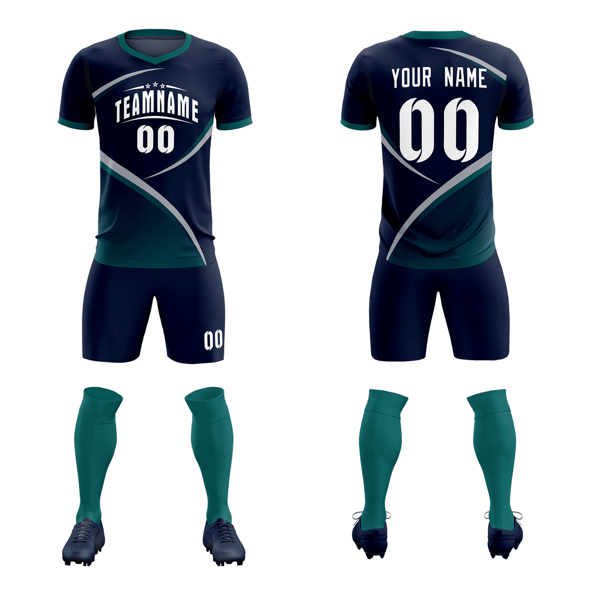 Custom Navy Aqua Color Block Training Uniform For Men Soccer Sets Jersey