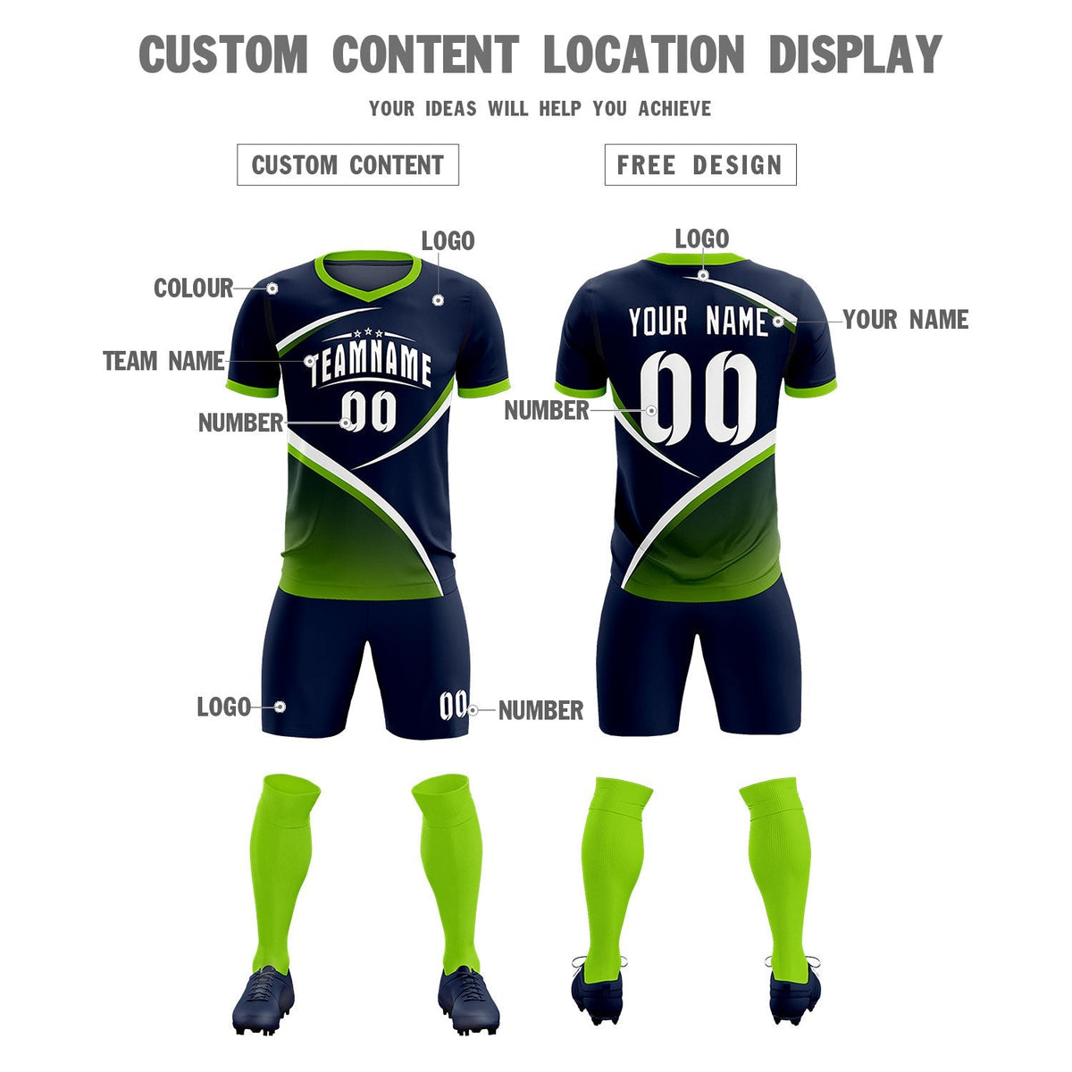 Custom Navy Neon Green Color Block Training Uniform For Men Soccer Sets Jersey