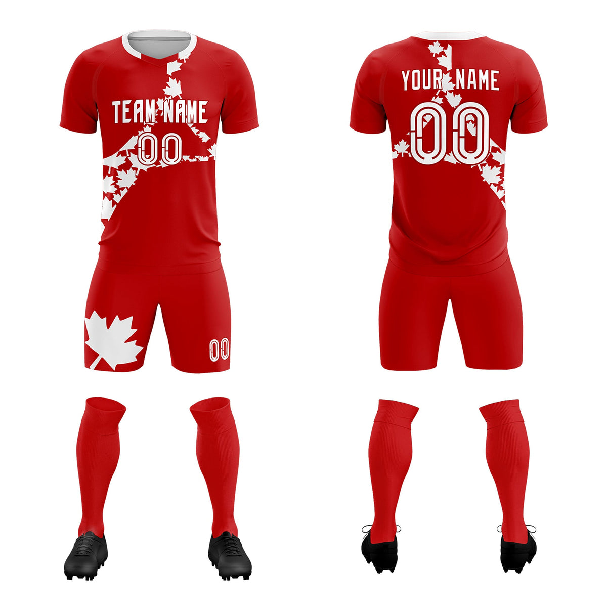 Custom Red White Canada Maple Leaves World Cup Inspired Breathable Graffiti Pattern Soccer Sets Jersey