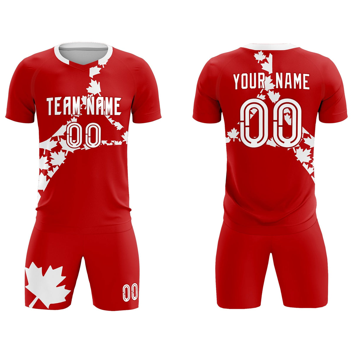Custom Red White Canada Maple Leaves World Cup Inspired Breathable Graffiti Pattern Soccer Sets Jersey
