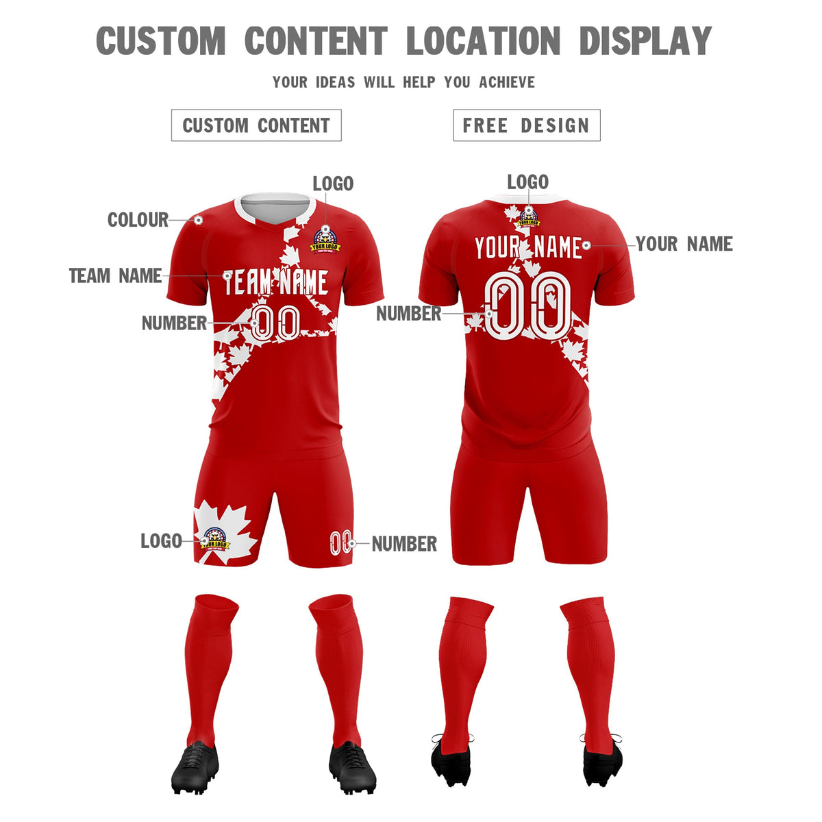 Custom Red White Canada Maple Leaves World Cup Inspired Breathable Graffiti Pattern Soccer Sets Jersey