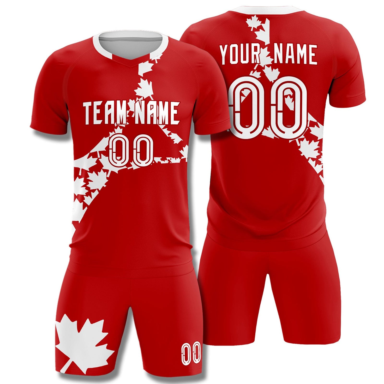 Custom Red White Canada Maple Leaves World Cup Inspired Breathable Graffiti Pattern Soccer Sets Jersey