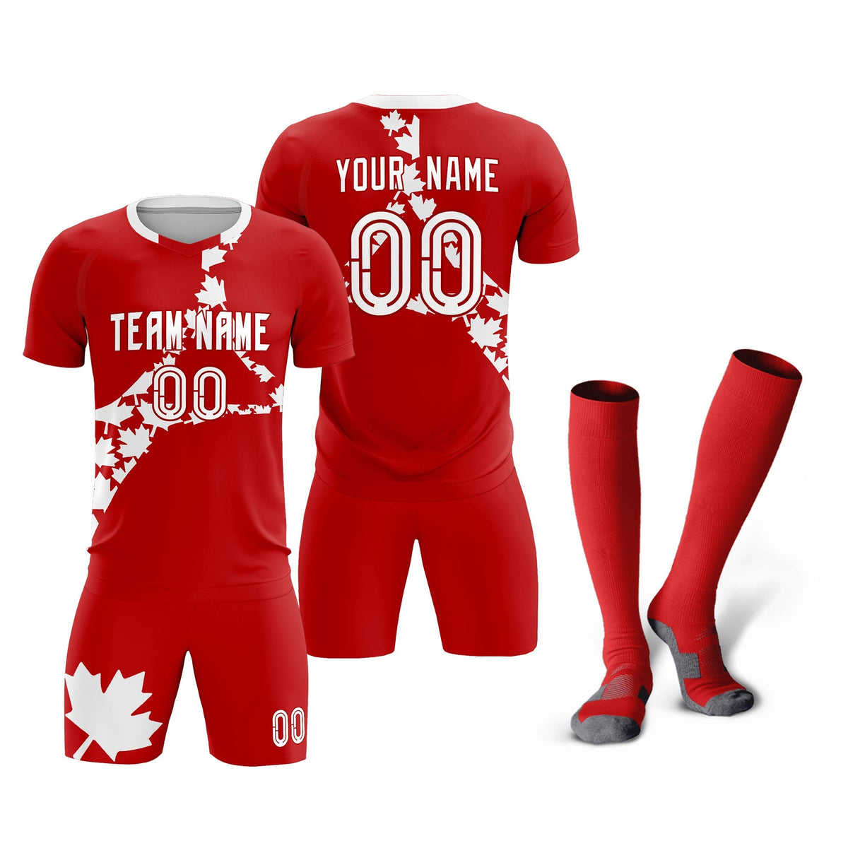 Custom Red White Canada Maple Leaves World Cup Inspired Breathable Graffiti Pattern Soccer Sets Jersey