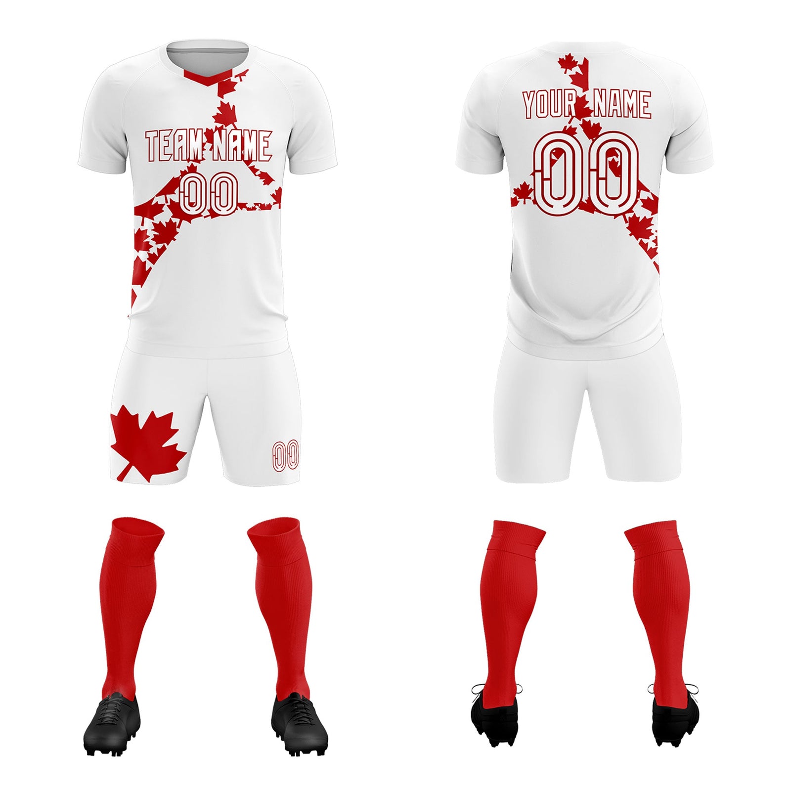 Custom White Red Canada Maple Leaves World Cup Inspired Quick-Drying Graffiti Pattern Soccer Sets Jersey