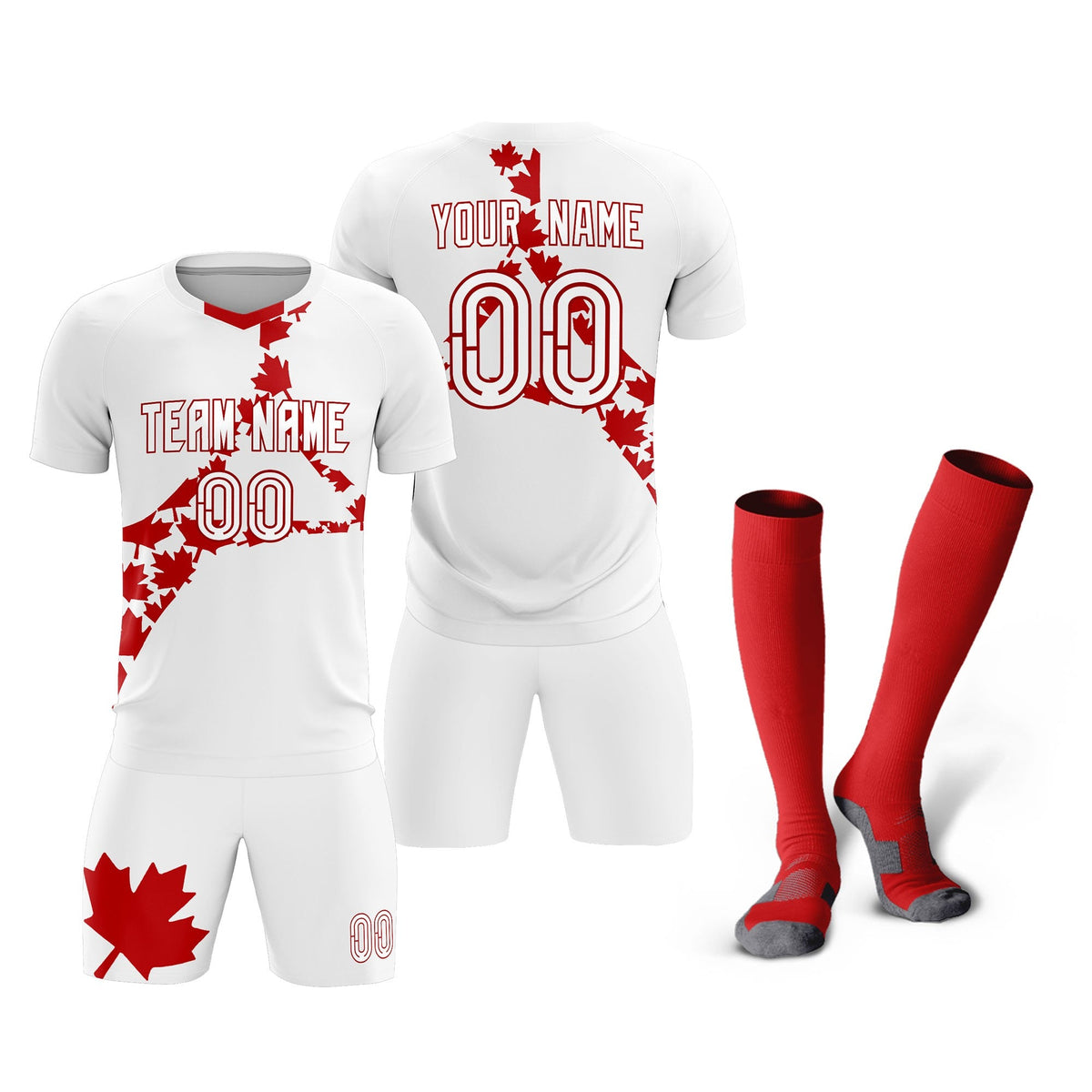 Custom White Red Canada Maple Leaves World Cup Inspired Quick-Drying Graffiti Pattern Soccer Sets Jersey