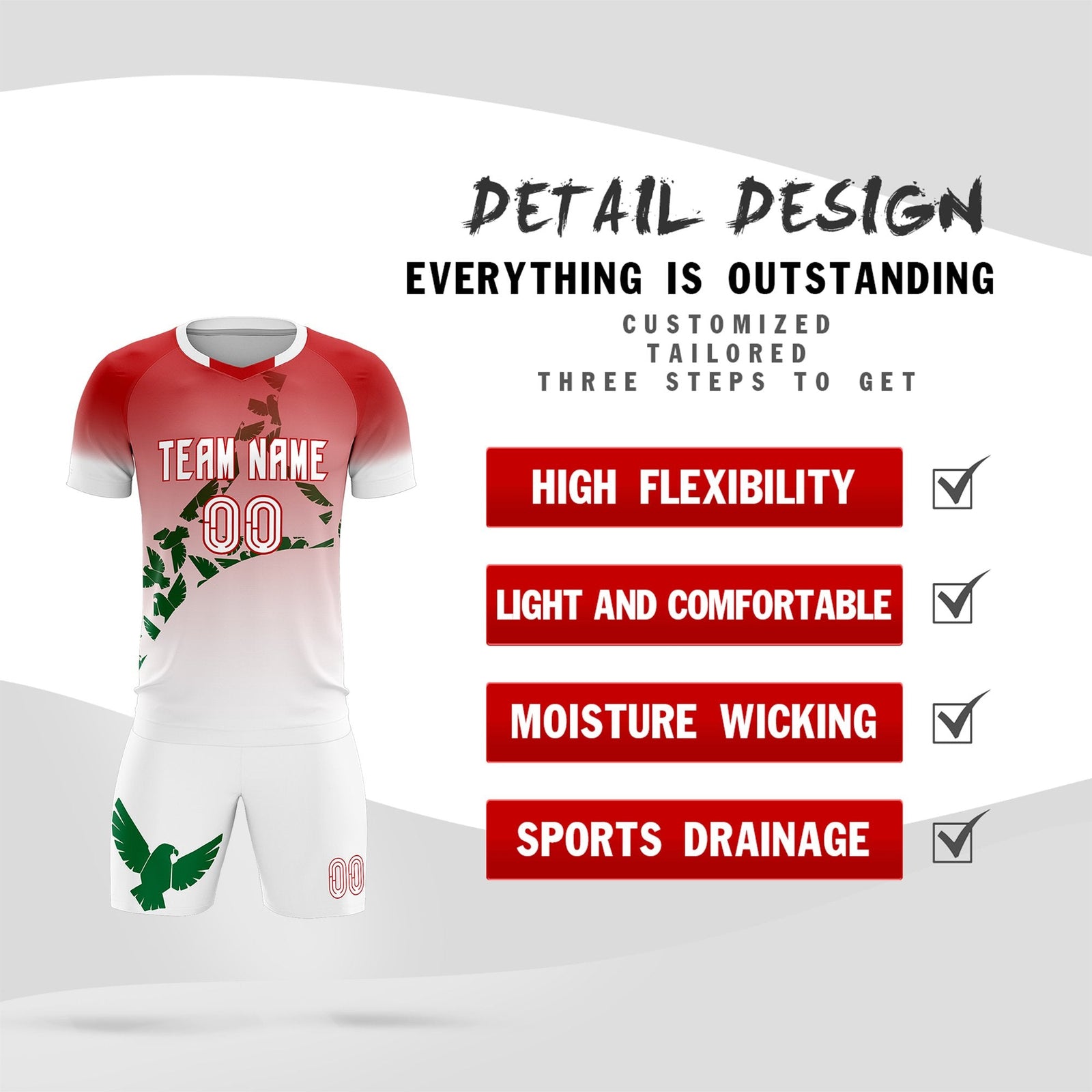 Custom Red Kelly Green Mexico Eagle World Cup Inspired Breathable Gradient Fashion Soccer Sets Jersey