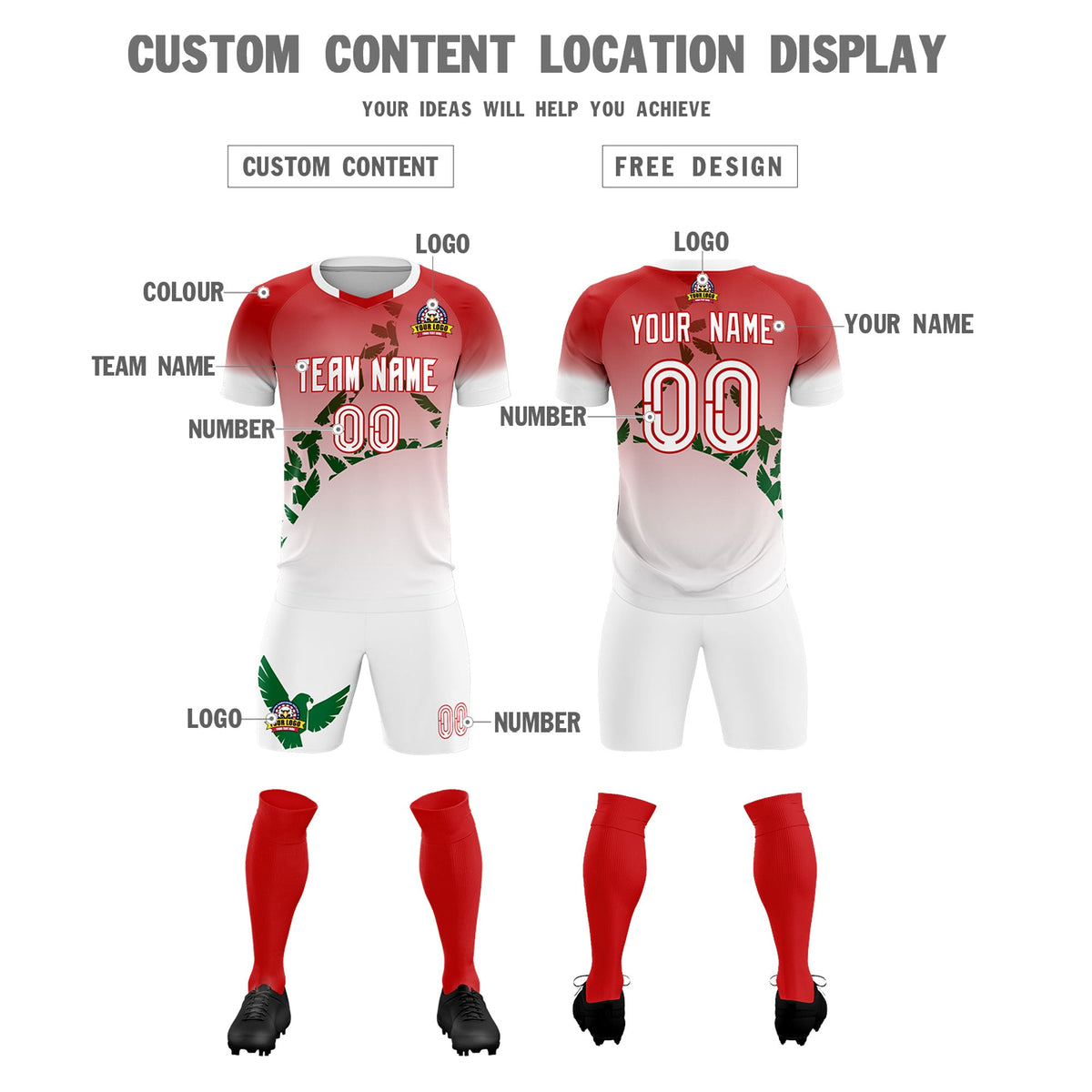 Custom Red Kelly Green Mexico Eagle World Cup Inspired Breathable Gradient Fashion Soccer Sets Jersey