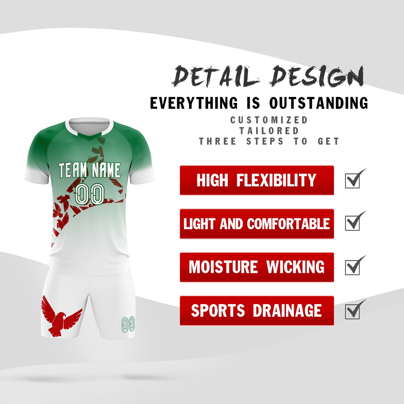 Custom Kelly Green Red Mexico Eagle World Cup Inspired Wrinkle-Resistant Gradient Fashion Soccer Sets Jersey