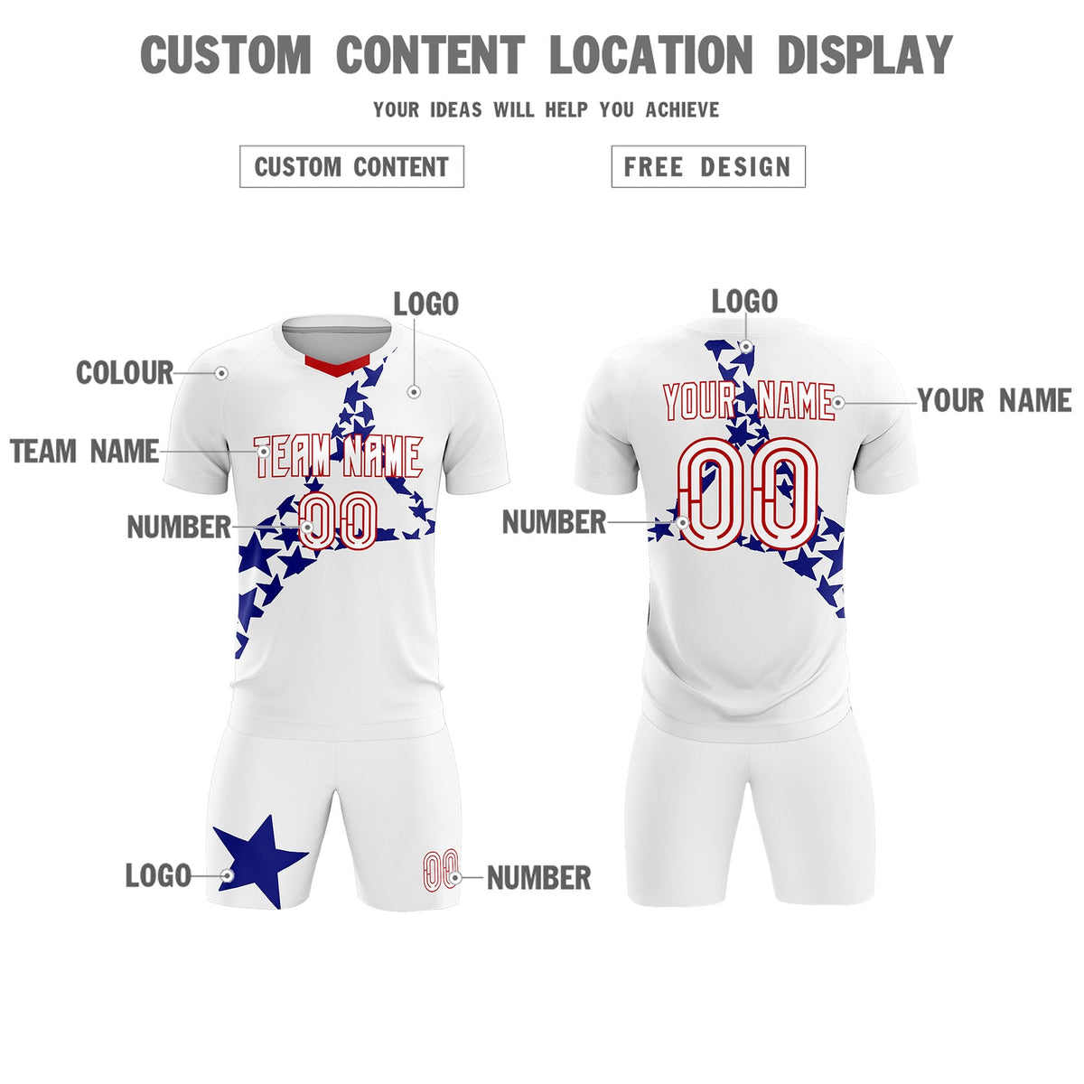 Custom White Royal America Star World Cup Inspired Drapable Graffiti Pattern Soccer Sets Jersey