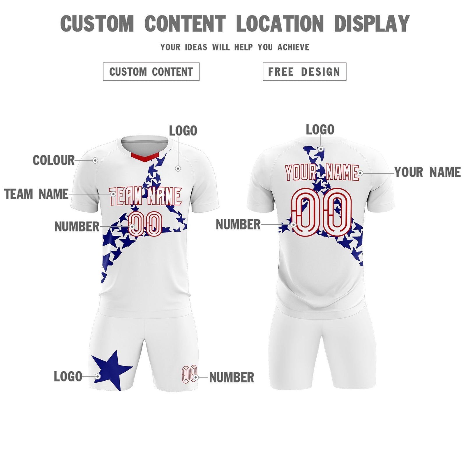 Custom White Royal America Star World Cup Inspired Drapable Graffiti Pattern Soccer Sets Jersey