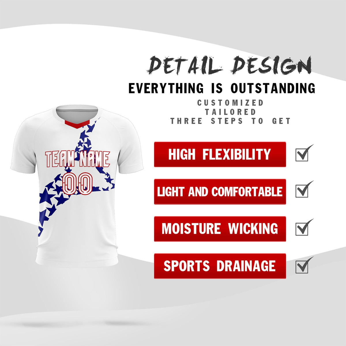 Custom White Royal America Star World Cup Inspired Drapable Graffiti Pattern Soccer Sets Jersey
