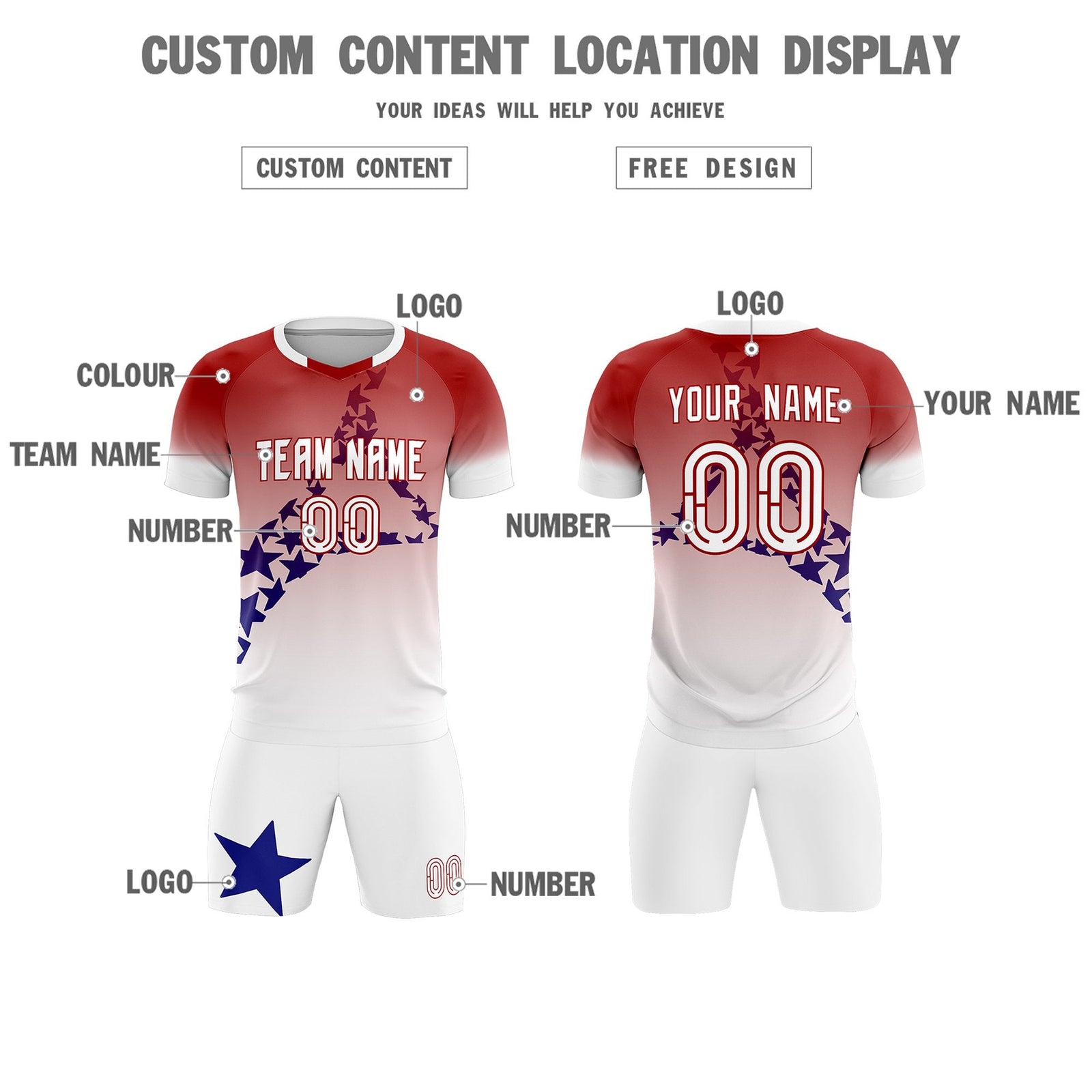 Custom Red Royal America Star World Cup Inspired Quick-Drying Gradient Fashion Soccer Sets Jersey