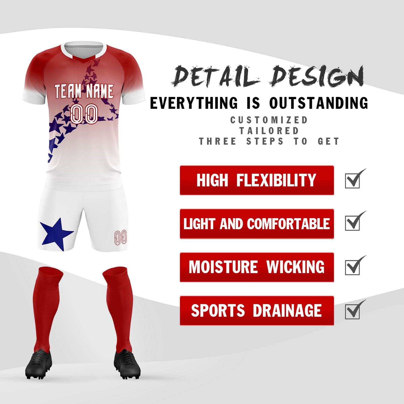 Custom Red Royal America Star World Cup Inspired Quick-Drying Gradient Fashion Soccer Sets Jersey