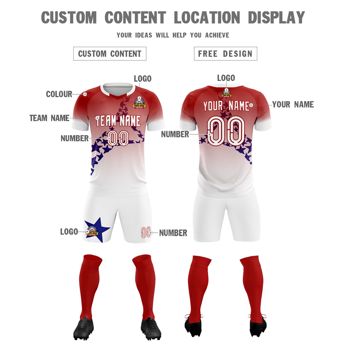 Custom Red Royal America Star World Cup Inspired Quick-Drying Gradient Fashion Soccer Sets Jersey