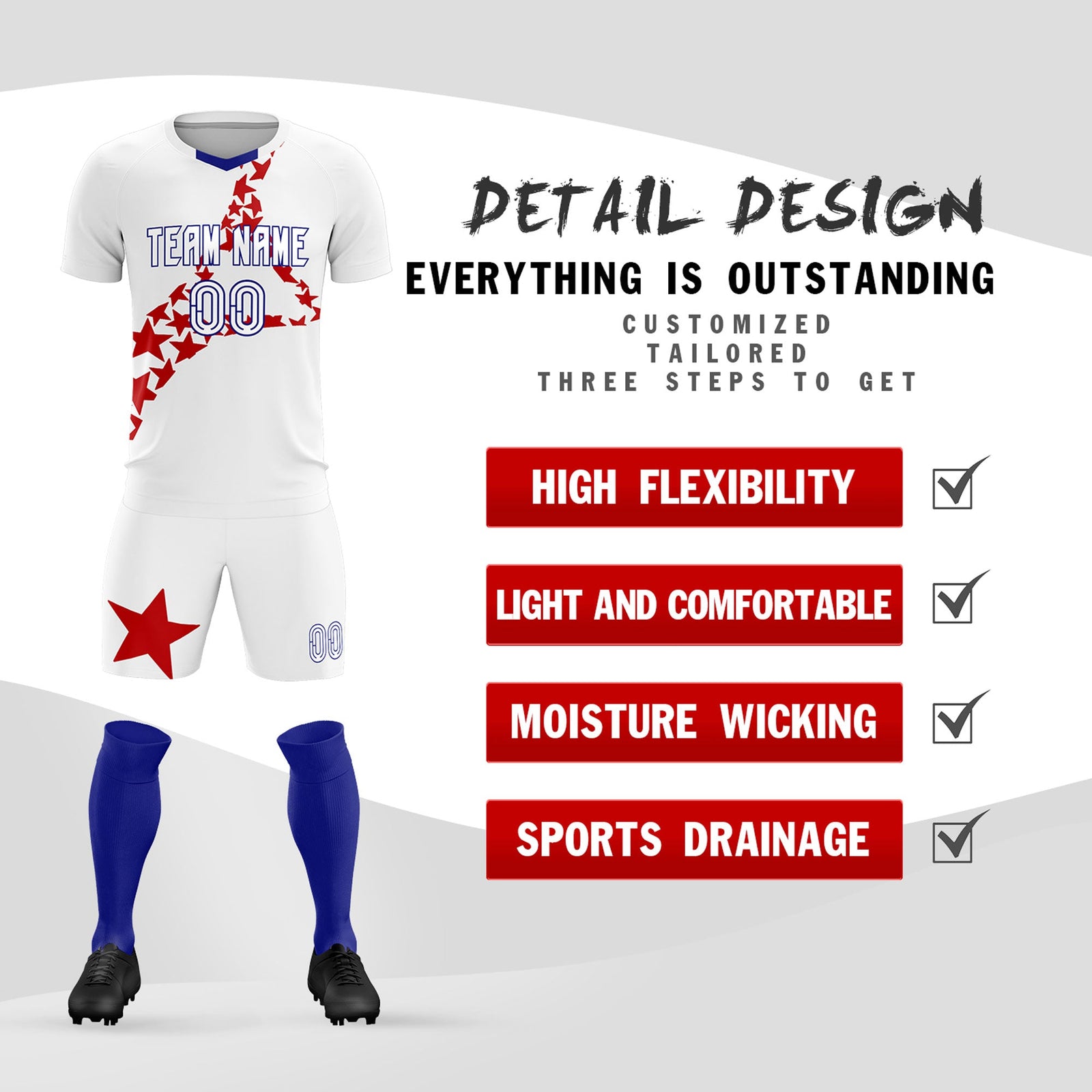 Custom White Red America Star World Cup Inspired Lightweight Graffiti Pattern Soccer Sets Jersey