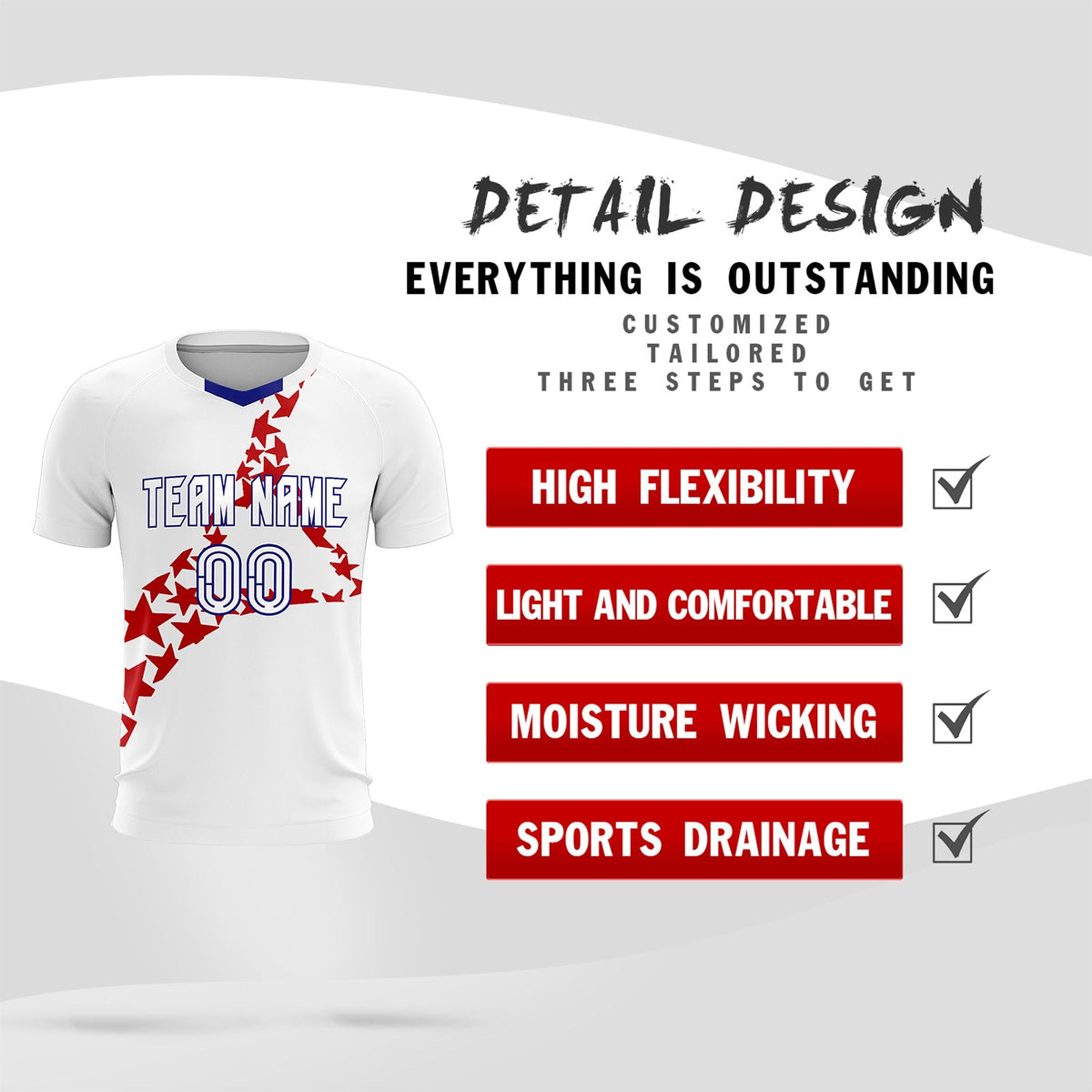 Custom White Red America Star World Cup Inspired Lightweight Graffiti Pattern Soccer Sets Jersey