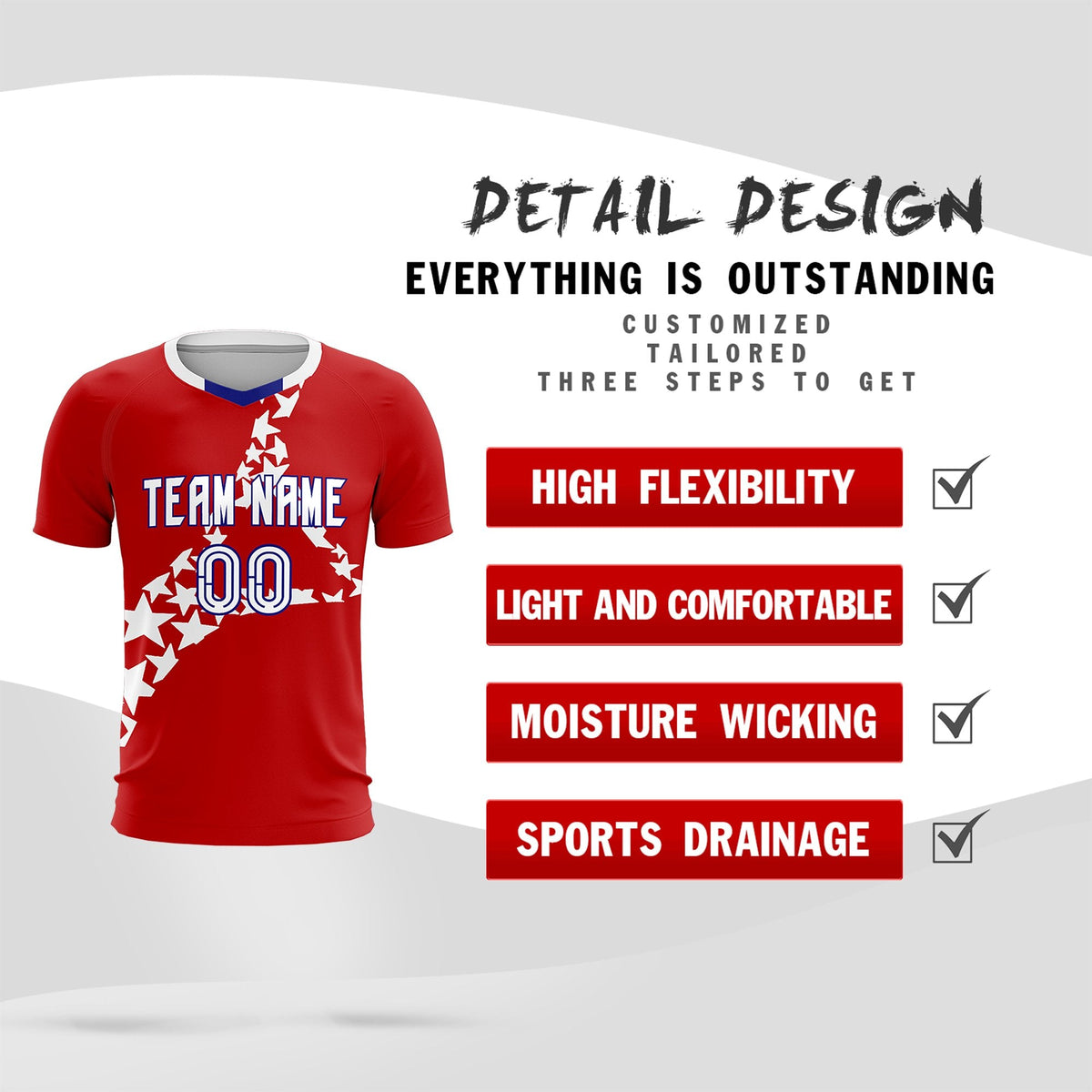 Custom Red White America Star World Cup Inspired Wrinkle-Resistant Graffiti Pattern Soccer Sets Jersey