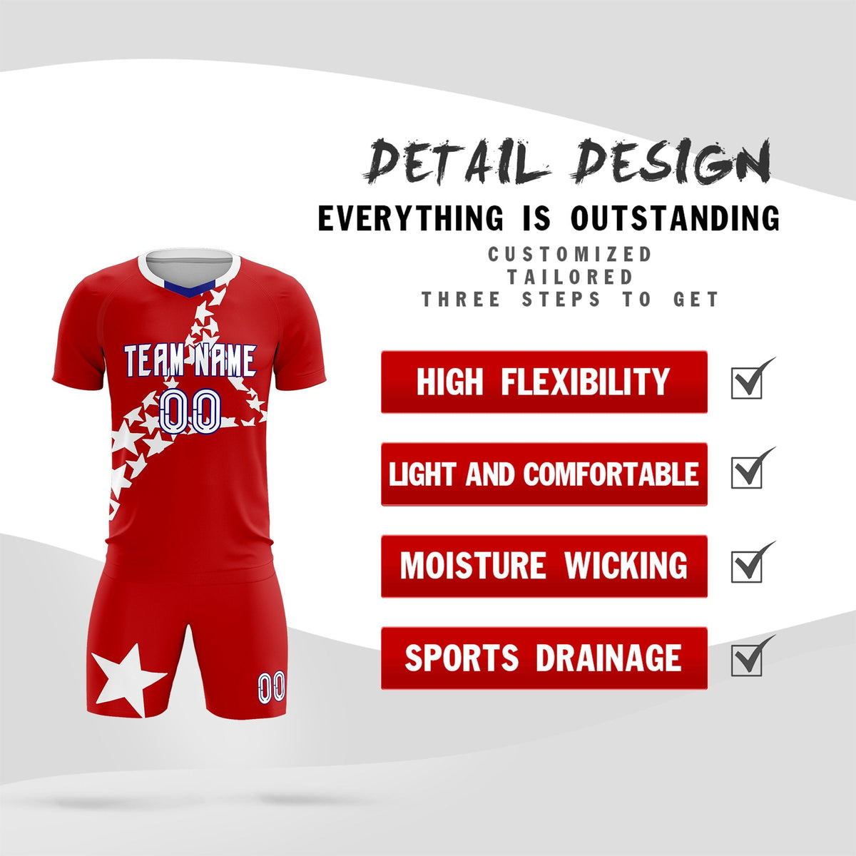 Custom Red White America Star World Cup Inspired Wrinkle-Resistant Graffiti Pattern Soccer Sets Jersey