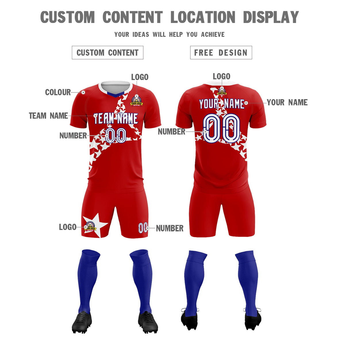 Custom Red White America Star World Cup Inspired Wrinkle-Resistant Graffiti Pattern Soccer Sets Jersey