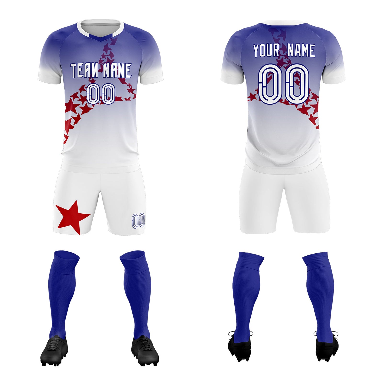 Custom Royal Red America Star World Cup Inspired Drapable Gradient Fashion Soccer Sets Jersey