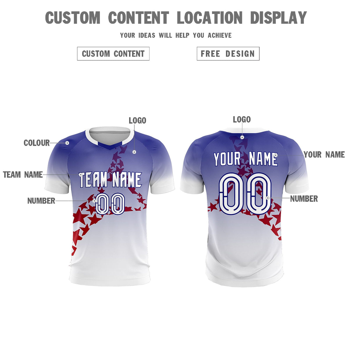 Custom Royal Red America Star World Cup Inspired Drapable Gradient Fashion Soccer Sets Jersey