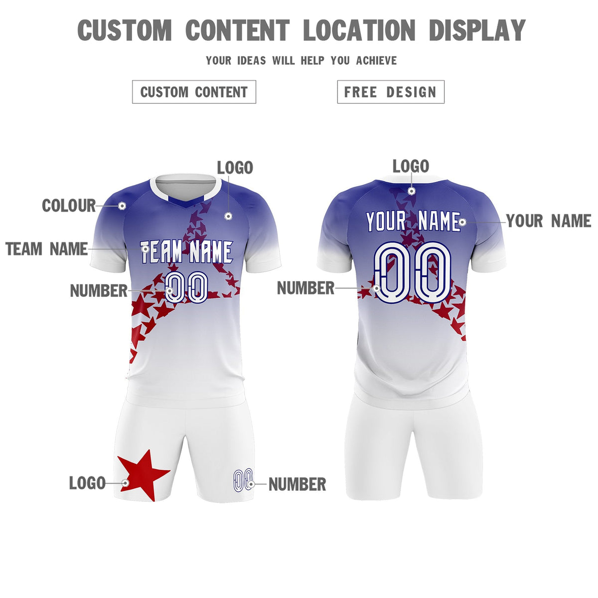 Custom Royal Red America Star World Cup Inspired Drapable Gradient Fashion Soccer Sets Jersey