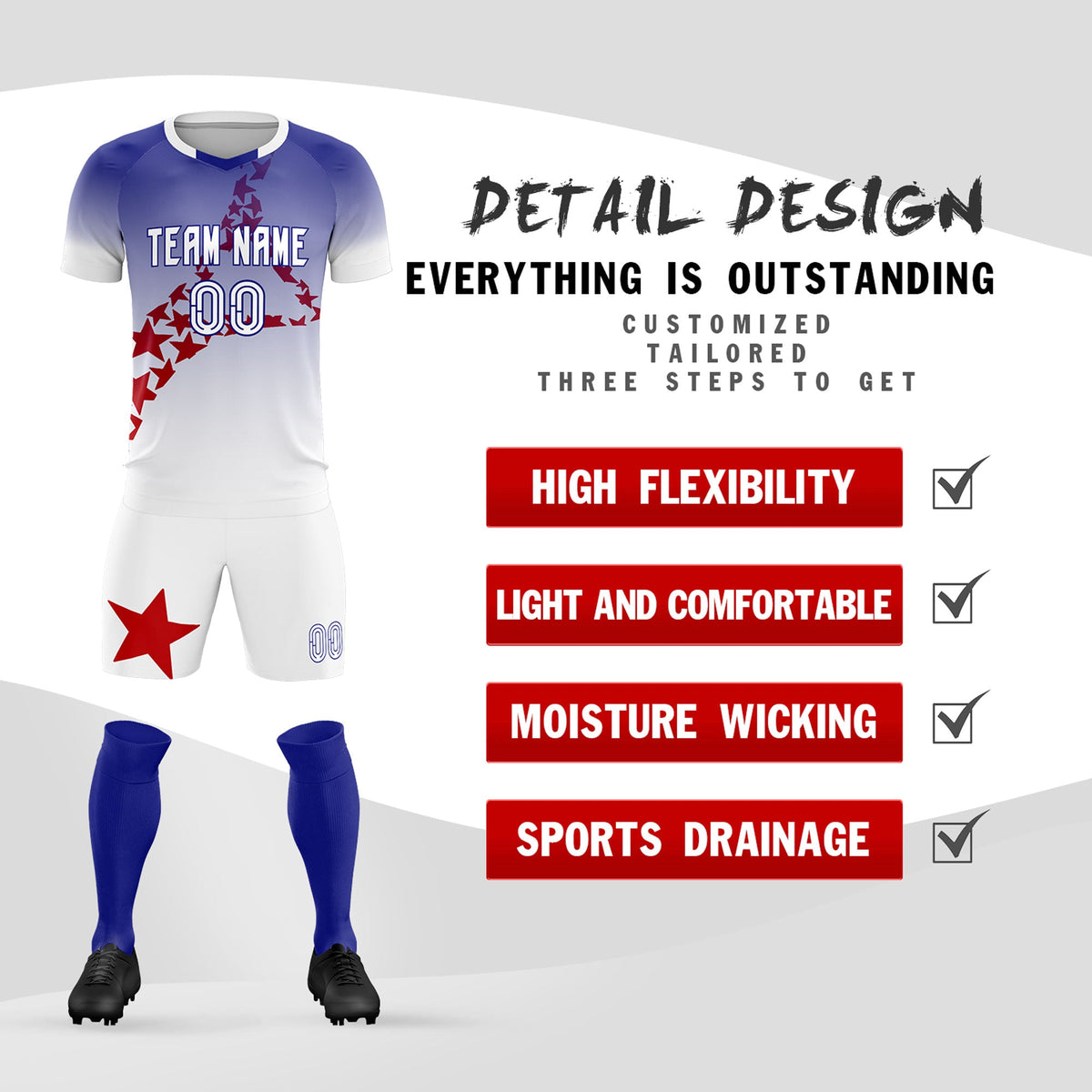 Custom Royal Red America Star World Cup Inspired Drapable Gradient Fashion Soccer Sets Jersey