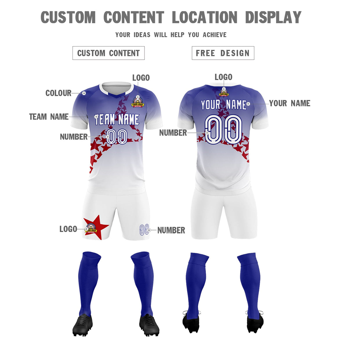 Custom Royal Red America Star World Cup Inspired Drapable Gradient Fashion Soccer Sets Jersey