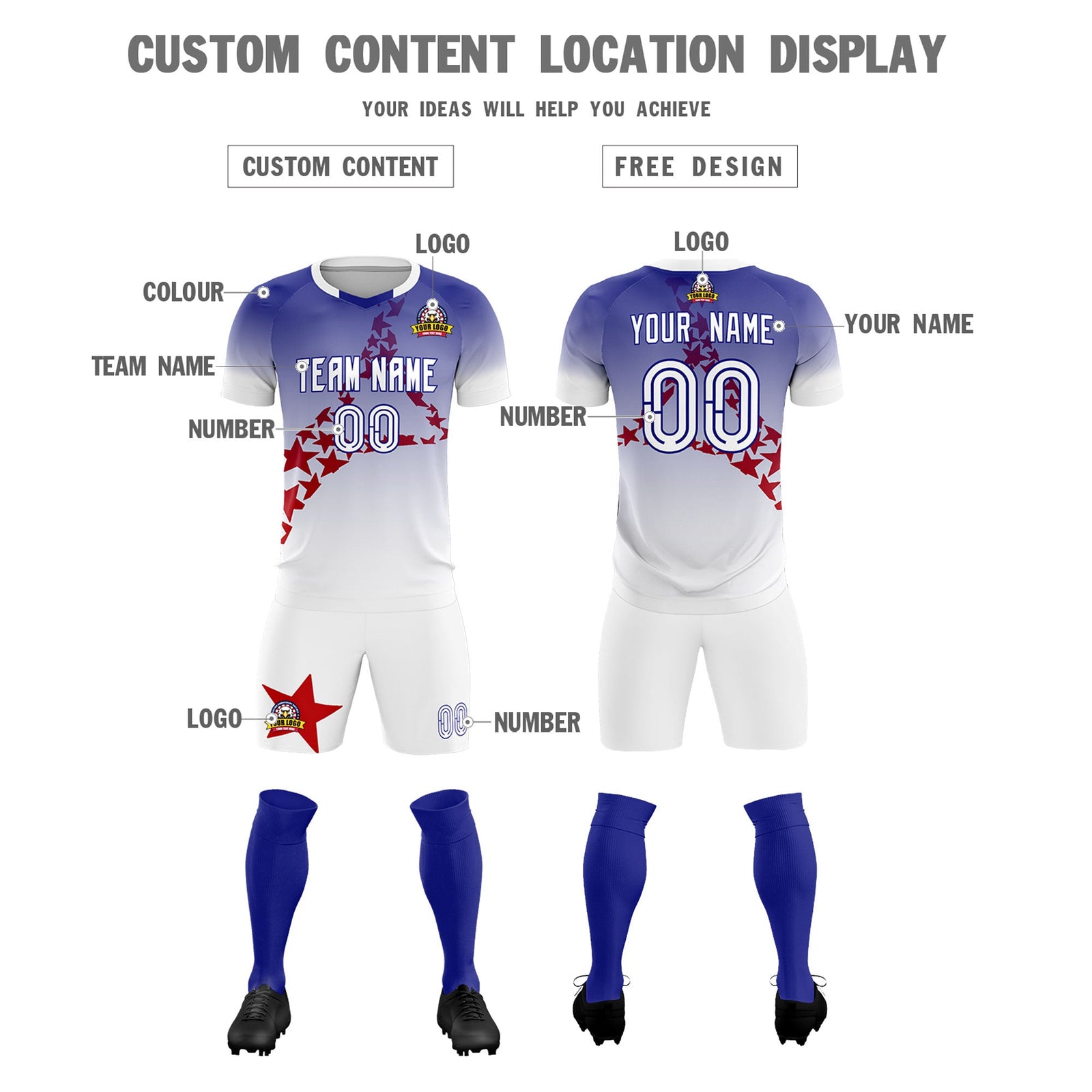 Custom Royal Red America Star World Cup Inspired Drapable Gradient Fashion Soccer Sets Jersey