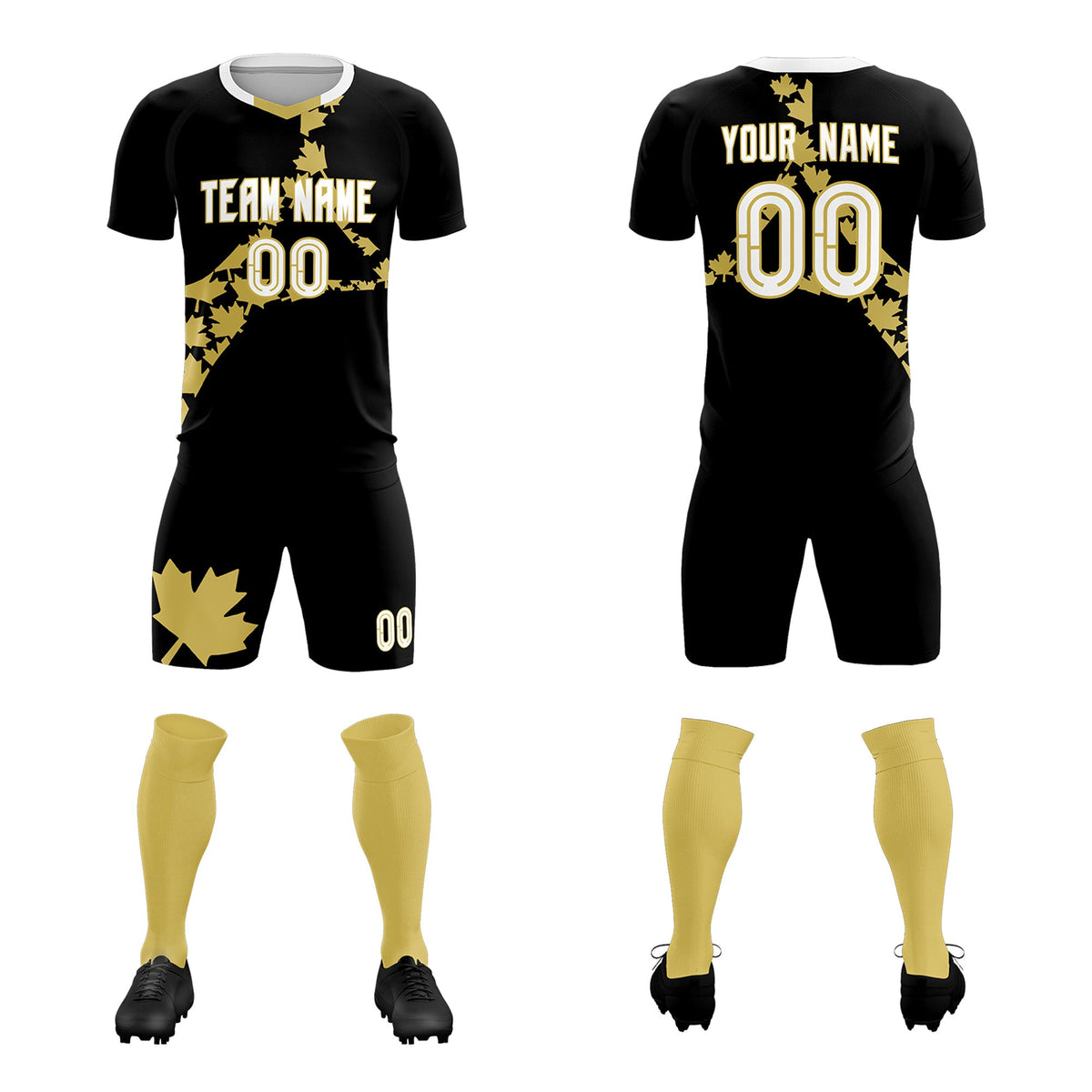 Custom Black Old Gold Canada Maple Leaves World Cup Inspired Breathable Graffiti Pattern Soccer Sets Jersey