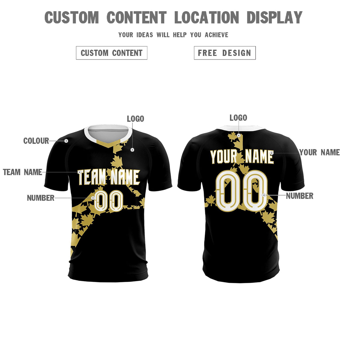 Custom Black Old Gold Canada Maple Leaves World Cup Inspired Breathable Graffiti Pattern Soccer Sets Jersey