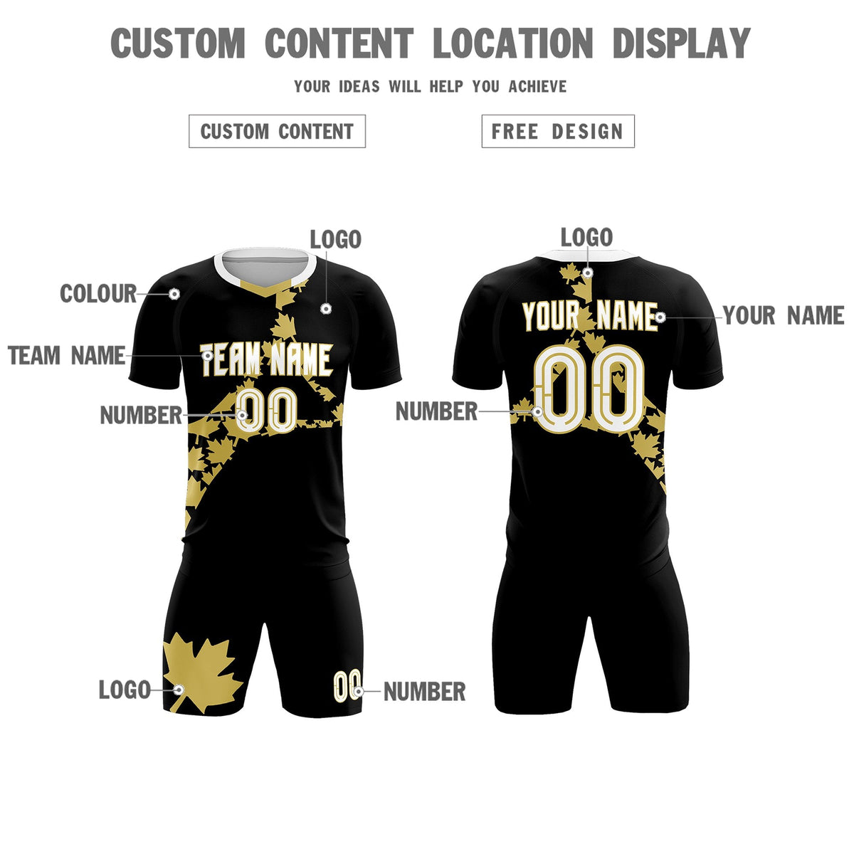 Custom Black Old Gold Canada Maple Leaves World Cup Inspired Breathable Graffiti Pattern Soccer Sets Jersey